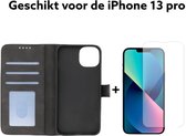 Apple Iphone 13 pro hoesje bookcase zwart met pas houder + screen protector /iphone 13 pro hoesje boekcase bllack wallet case + tempert glas protectie