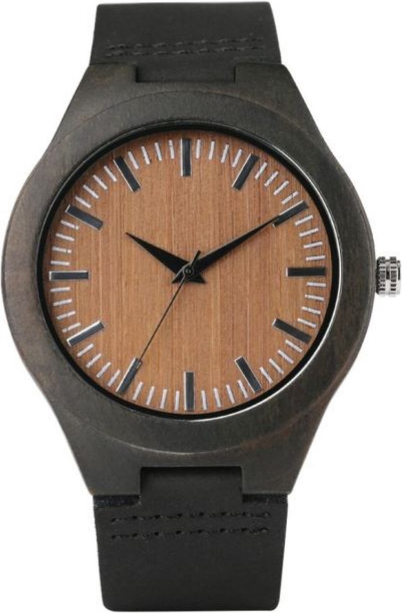 Houten Horloge - Unisex - Quartz - Hout - Polshorloge - Druksluiting - Ecologische wacht - Donkerbruin hout