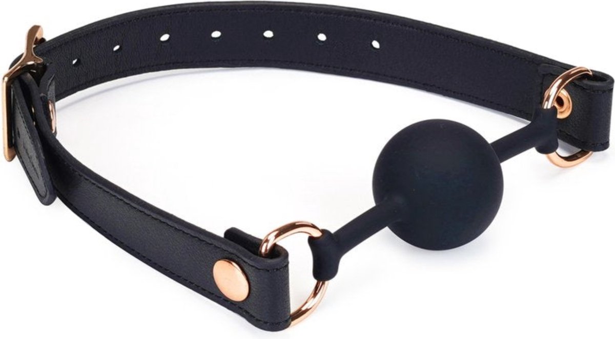 Goedkoopste Dark Secret Exclusieve Siliconen ball gag met lederen riempjes - zwart/goud
