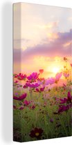 Canvas Schilderij Bloemen - Roze - Zonsondergang - Natuur - Weide - Horizon - 80x160 cm - Wanddecoratie
