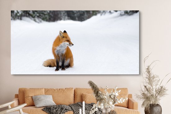 Toile Peinture Renard - Neige - Hiver - 160x80 cm - Décoration murale