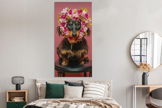 Tableau Toile Animal - Fleurs - Chien - 80x160 cm - Décoration murale