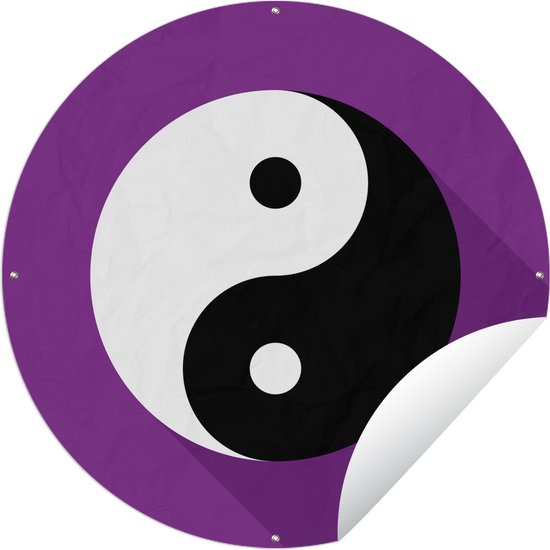 Tuincirkel Een illustratie van het Yin en Yang logo met een paarse achtergrond - 120x120 cm - Ronde Tuinposter - Buiten XXL / Groot formaat!