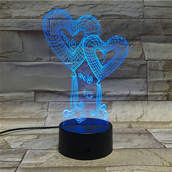 3D Led Lamp Met Gravering - RGB 7 Kleuren - Hartjes