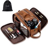 Waterbestendige Lederen Toilettas Voor Mannen Grote Reistas Scheren Dopp Kit Badkamer Gym Toiletten Make-Up Organizer Met Gratis Natte Droge Tas (Bruin, 28 X 15 X 16 Cm)