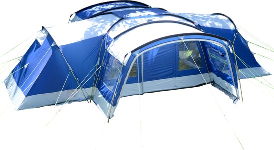 Skandika Nimbus 12 Tent – Koepeltenten – 12 persoons familietent - Campingtent – Muggengaas – 3 zwarte slaapcabines - 215 cm stahoogte – 760 x 630 x 215 cm (LxBxH) – 5000 mm waterkolom – Outdoor, Camping, Tuin – Kamperen – blauw/wit