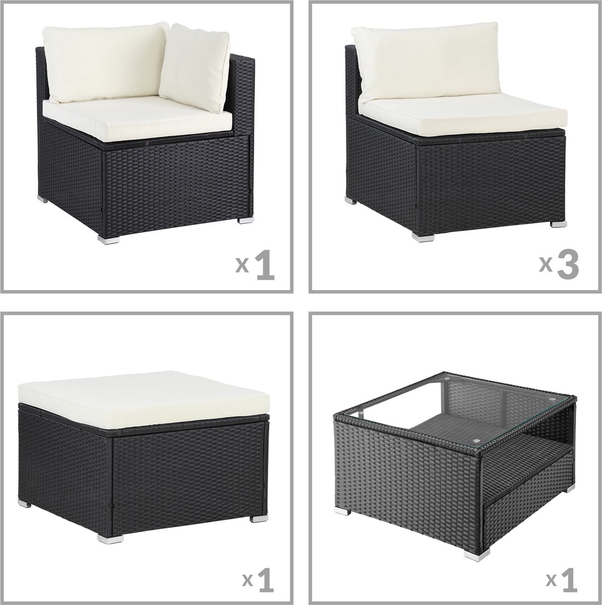 Casaria Polyrattan Loungeset - Incl. Kussens Tafel - Zwart Crème thumbnail 3