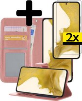 Hoesje Geschikt voor Samsung S22 Plus Hoesje Book Case Hoes Wallet Cover Met 2x Screenprotector - Hoes Geschikt voor Samsung Galaxy S22 Plus Hoesje Bookcase Hoes - Rosé goud