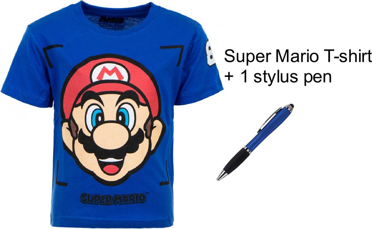 Super Mario Bross T-shirt - Kleur Koningsblauw - 100% Katoen. Maat 122 cm / 7 jaar + EXTRA 1 Stylus Pen.