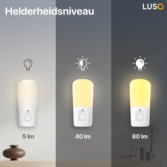 Witte LUSQ nachtlampjes in drie helderheidsniveaus: 5 lm, 40 lm, 80 lm. Toont "Helderheidsniveau".
