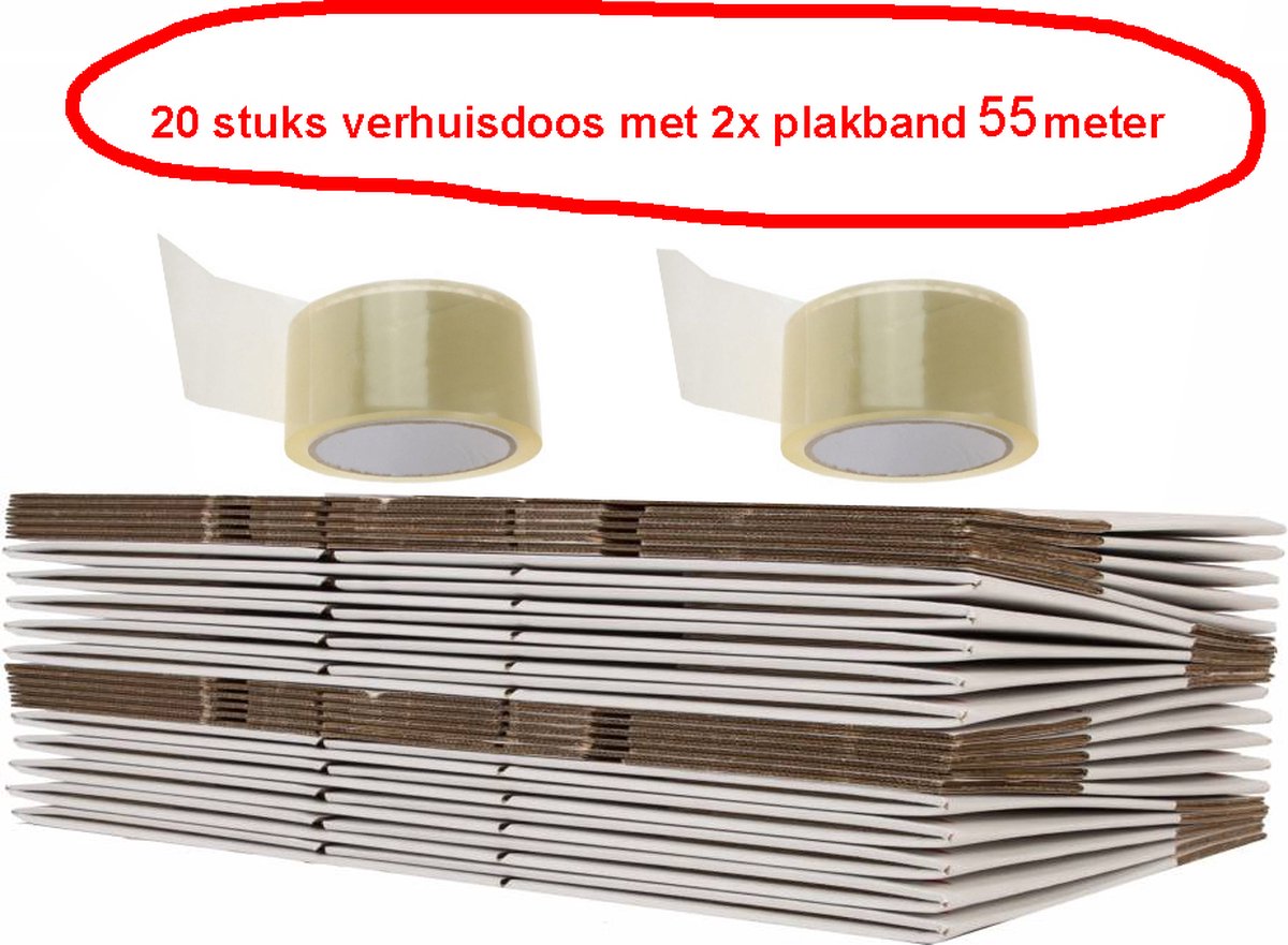 Verhuisdoos - 20 stuks inhoud van 50 liter met 2 x plankband 55 meter  - Professioneel, zelfsluitend en stevig 48 x 34 x 33 cm