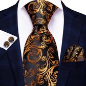 Luxe Zwart / Goud Paisley motief stropdas, pochet en manchetknopen