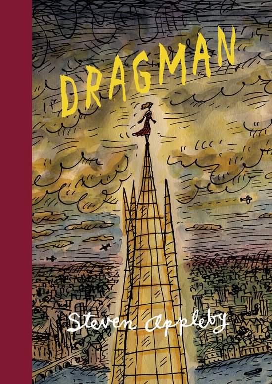 Boekomslag van Dragman, met 'DRAGMAN' in gele letters bovenaan. Een vrouw staat op een spits van een gebouw.