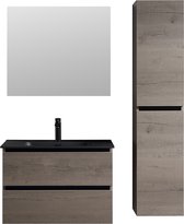 Badkamermeubel 100 cm Taupe eiken mineraalmarmer wastafel mat zwart 1 kraangat Hanga zwart greeplijst