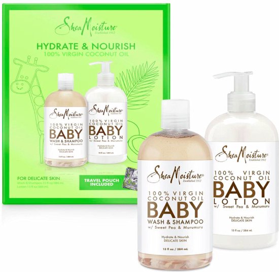Shea Moisture Baby Cadeauset 100% Virgin Kokosolie Sulfaatvrije Wassen & Shampoo + Lotion - 384ml