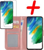 Samsung Galaxy S21 FE Hoesje Bookcase Met Screenprotector - Samsung Galaxy S21 FE Case Hoes Cover - Samsung Galaxy S21 FE Screenprotector - Rose Goud