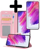 Samsung S21 FE Hoesje Book Case Met Screenprotector - Samsung Galaxy S21 FE Case Hoesje Wallet Cover Met Screenprotector - Licht Roze