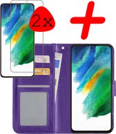 Samsung Galaxy S21 FE Hoesje Bookcase Met 2x Screenprotector - Samsung Galaxy S21 FE Case Hoes Cover - Samsung Galaxy S21 FE 2x Screenprotector - Paars