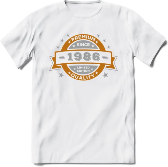 Premium Since 1986 T-Shirt | Goud - Zilver | Grappig Verjaardag Kleding Cadeau Shirt | Dames - Heren - Unisex Tshirt | - Wit - L