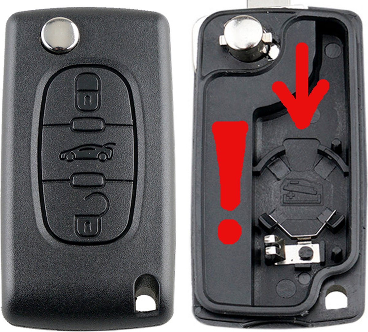 Peugeot - klapsleutel behuizing - 3 knoppen - middelste knop achterklep bediening - HU83 sleutelbaard met zijgroef - CE0536 met batterijhouder in de achterdeksel