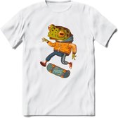 Casual kikker T-Shirt Grappig | Dieren reptiel Kleding Kado Heren / Dames | Animal Skateboard Cadeau shirt - Wit - M