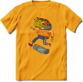 Casual kikker T-Shirt Grappig | Dieren reptiel Kleding Kado Heren / Dames | Animal Skateboard Cadeau shirt - Geel - 3XL
