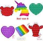 ESSENTIALS73 Fidget Pop It Set van 6: Unicorn Regenboog - Hart - Krab - Kreeft - Vierkant - Ananas - Rainbow - Tiktok