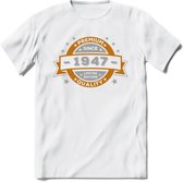 Premium Since 1947 T-Shirt | Goud - Zilver | Grappig Verjaardag Kleding Cadeau Shirt | Dames - Heren - Unisex Tshirt | - Wit - 3XL