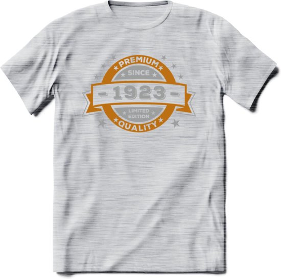 Premium Since 1923 T-Shirt | Goud - Zilver | Grappig Verjaardag Kleding Cadeau Shirt | Dames - Heren - Unisex Tshirt | - Licht Grijs - Gemaleerd - XXL