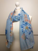Lange dames sjaal Alizee gebloemd blauw wit geel oranje zalm grijs