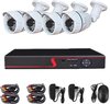 Compleet beveiligingssysteem met 4 camera's, DVR, kabels en muis.