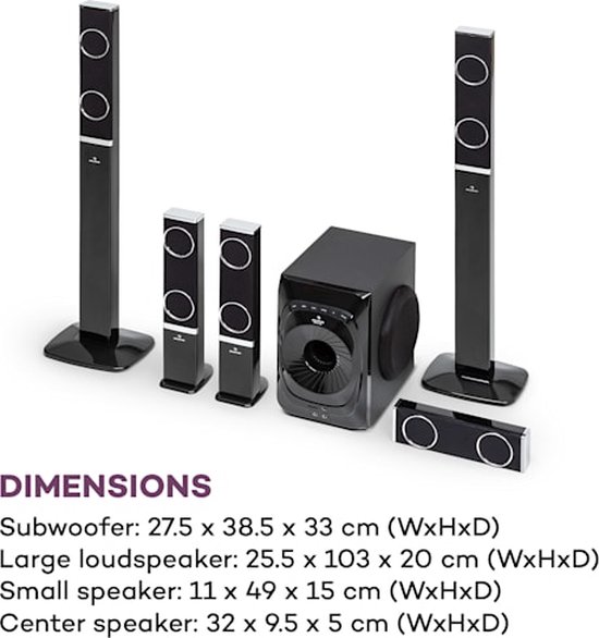 auna Areal 825 5.1-kanaals luidsprekersysteem - 8" subwoofer - Bluetooth - USB / SD - afstandsbediening - optische ingang - AUX - 200 W RMS