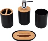 Badkamer Accessoires Set - 4-delig - Bamboe – Tandenborstelhouder –Zeeppompje Zeepbakje – Zwart
