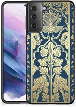 Hoesje Customize Geschikt voor Samsung Galaxy S21 Plus Back Cover Siliconen Hoesje met Zwarte rand Beige Flowers