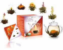 Theebloemen cadeauset - Creano Theebloemen geschenkset met glazen theekan - 3st. zwarte thee, 3st. witte thee incl. theepot
