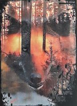 Diamond painting wolf in het bos 40 x 50 cm volledige bedrukking ronde steentjes direct leverbaar wolven kop - natuur - bomen - zonsondergang - bos - bladeren - roof dier