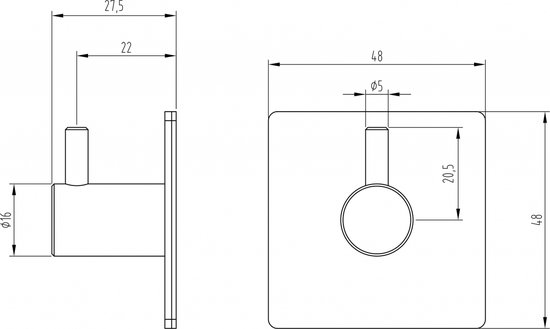Technische tekening van een zilverkleurige haak met afmetingen.
