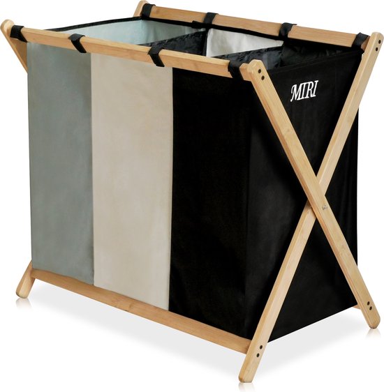 MIRI Wasmand - Wassorteerder - Wasmanden - Wasmand 3 vakken - Opvouwbaar - Wasbox - Bamboe - 105L - Incl. Schroevendraaier - Laundry Basket