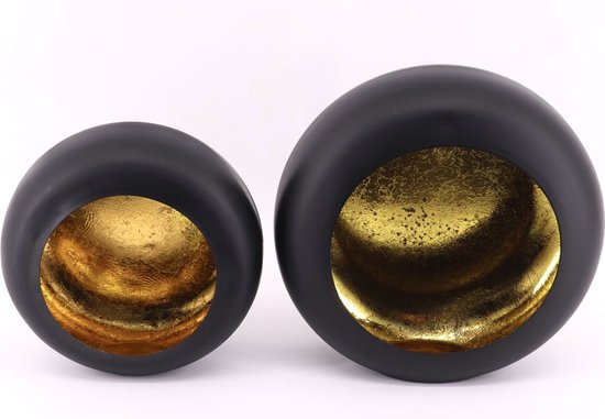 Kandelaar Store - Set Standing Round Eggs T-light 20x10x20cm + 25x12x25cm - Black/gold - Set van 2 stuks
