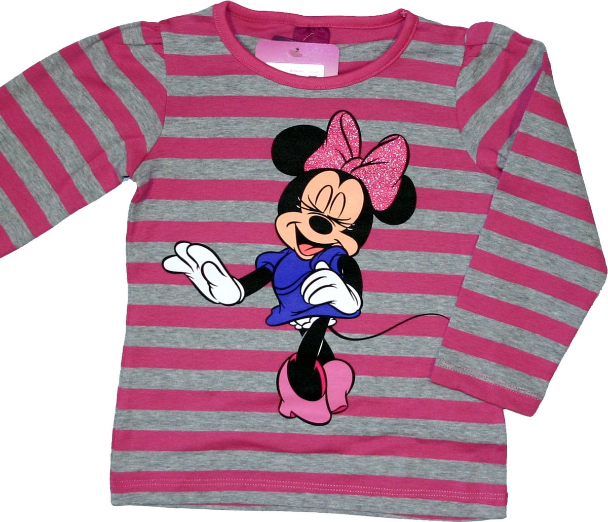 Disney Minnie Mouse Meisjes Longsleeve - Roze Grijs gestreept - T-shirt met lange mouwen - Maat 128