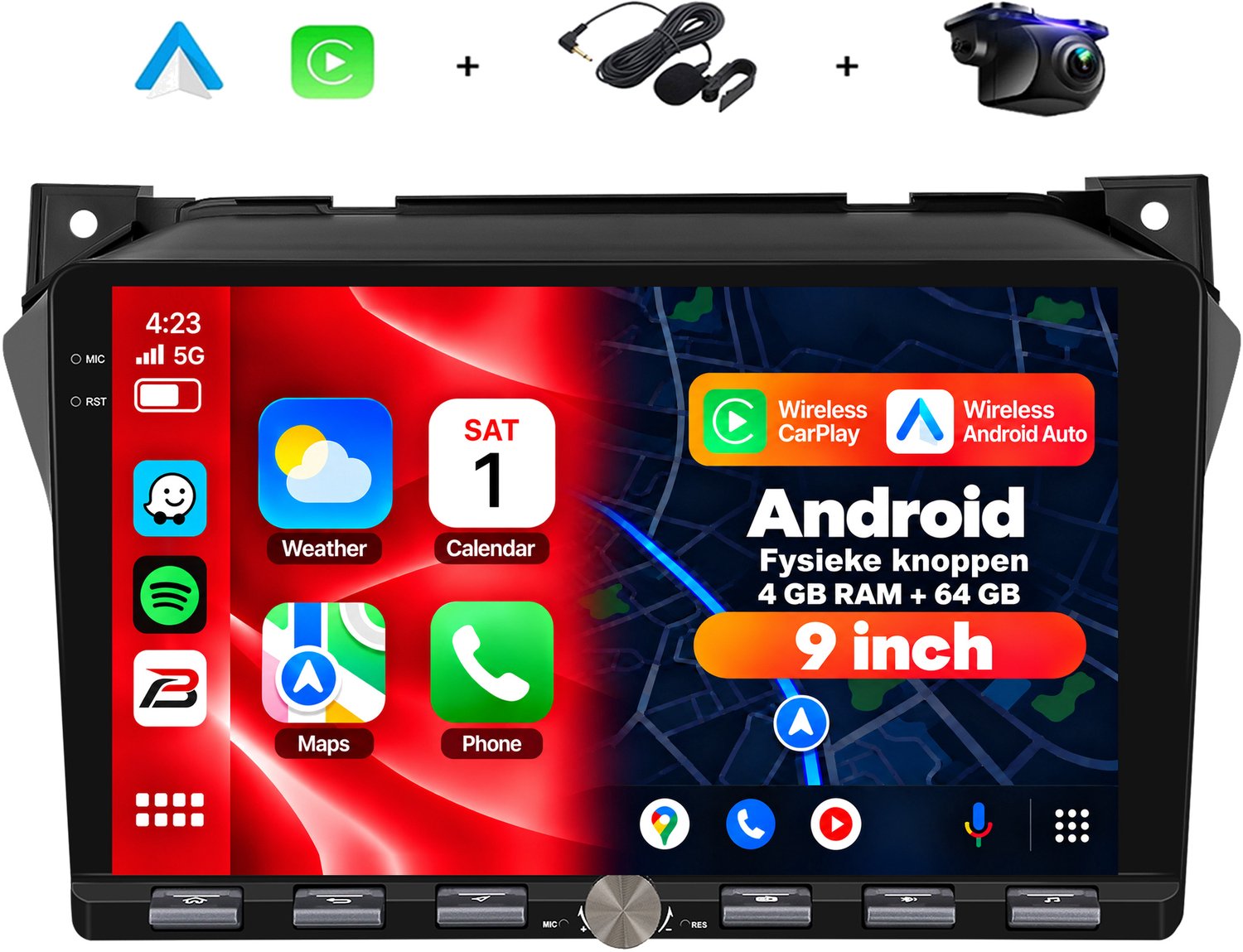 Boscer 2 DIN Android 15 Autoradio - Geschikt voor Suzuki Alto 2009 - Draadloos Apple Carplay & Android Auto - 9 inch HD IPS Touchscreen - 4+64GB - GPS Navigatie - WIFI, Bluetooth & USB - Achteruitrijcamera & Microfoon