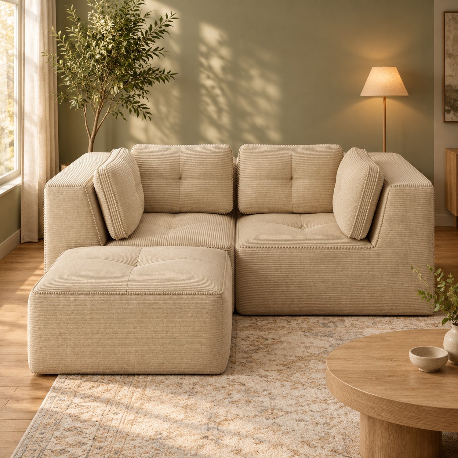 WUVRIE Modulaire hoekbank 208x177 cm - 2-zits L-vorm met verplaatsbare voetenbank - Beige