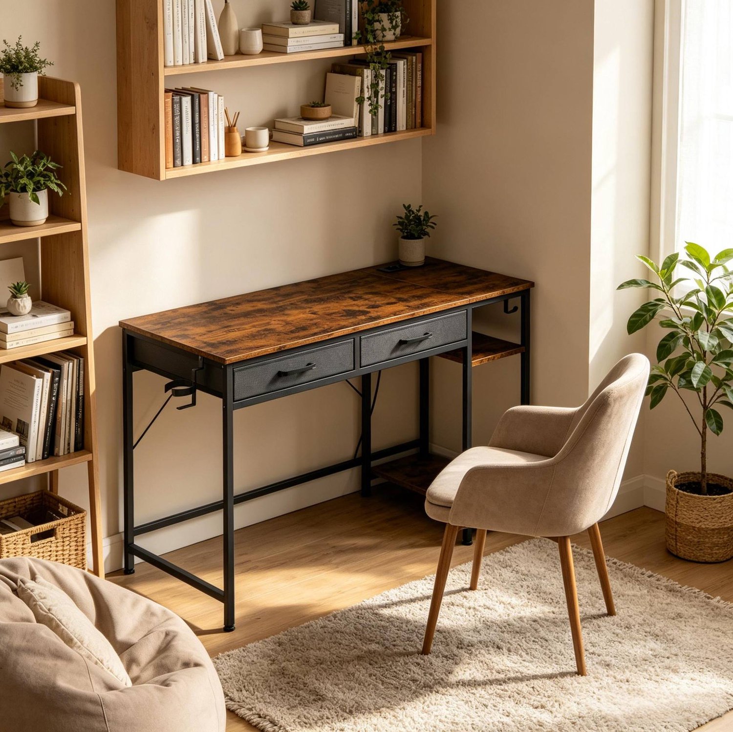 CHICFURN Bureau 120 cm - Met lades - Metaalframe - Rustiek bruin