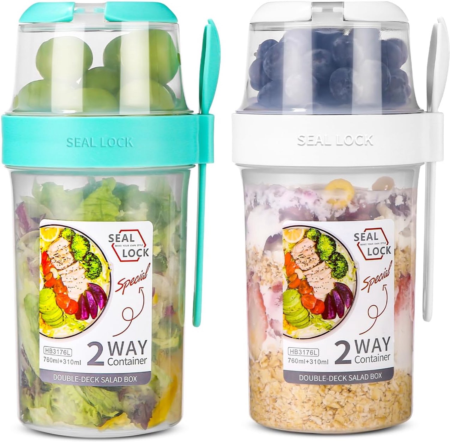 2 x dubbellaagse saladebekers voor onderweg met lepel, 310 ml + 560 ml - Homevero