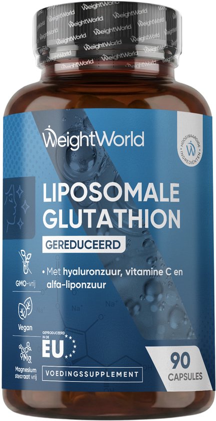 Bruine fles WeightWorld Liposomale Glutathion met blauw etiket, 90 capsules.