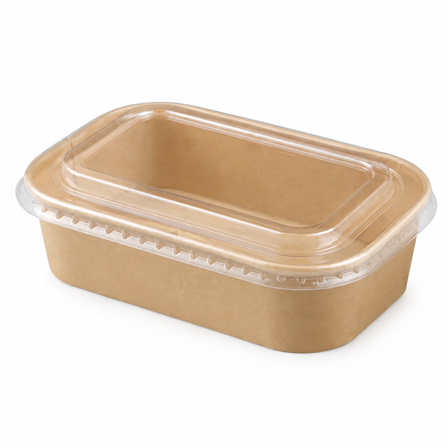Rechthoekig afhaalbakje van extra dik kraftpapier, 500 ml, met transparant condenswerend PET-deksel