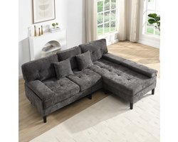 Wishdor Hoekbank 3-zits met slaapfunctie - Modulair L-vormig ontwerp - Verplaatsbare voetenbank en chaise longue - Woonkamer appartement studentenkamer - Chenille - Antiekgrijs - 195 x 149 x 86 cm