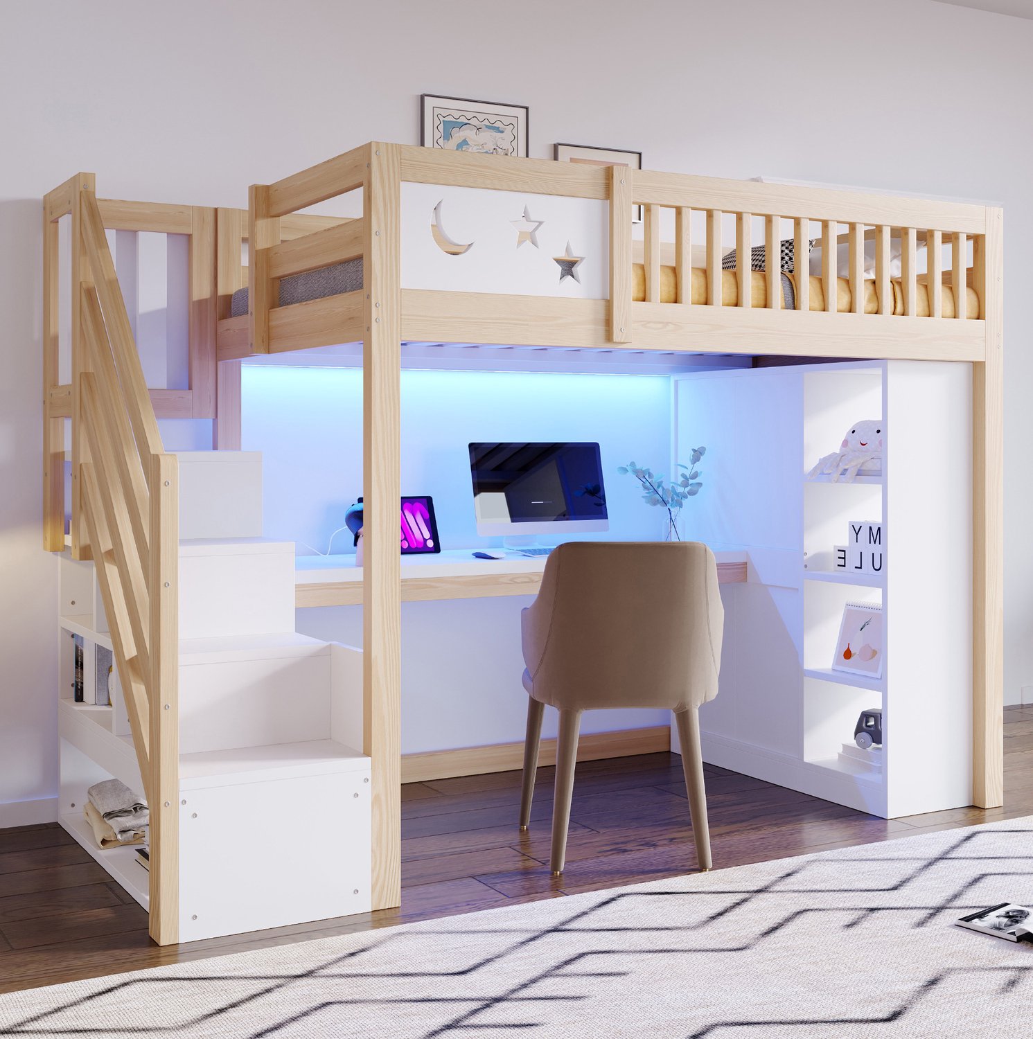 MIVRAY Hoogslaper 90x200 cm - Met Bureau LED-Verlichting Stopcontacten En Opbergruimte - Kinderkamer - Hout - Naturel Wit - Zonder Matras Natuurlijk