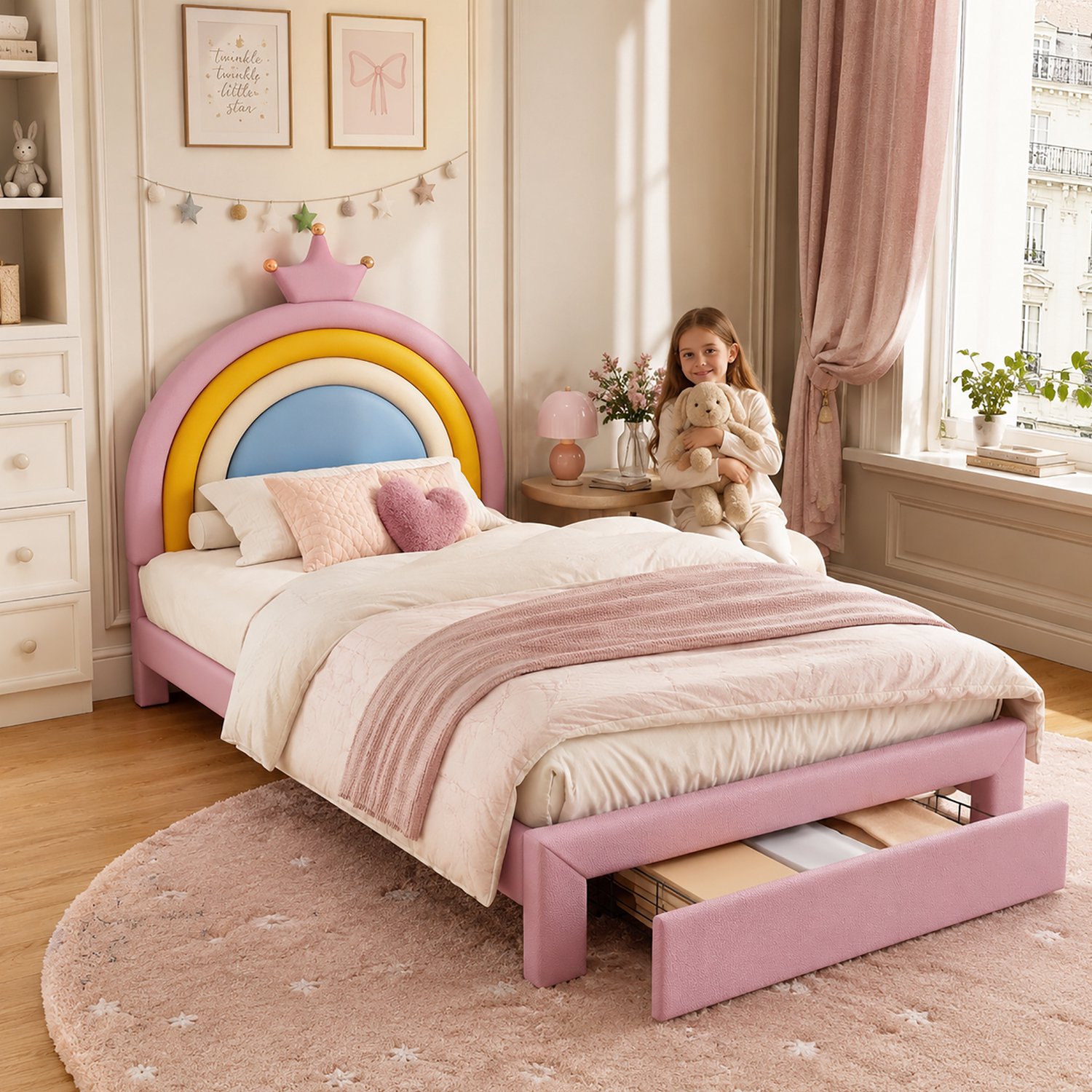 FloraGrace Kinderbed 90 x 200 cm - Regenboog Hoofdbord Met Kroon - Verstelbaar Hoofdeinde - Bedlade - Kunstleer - Zonder Matras - Roze