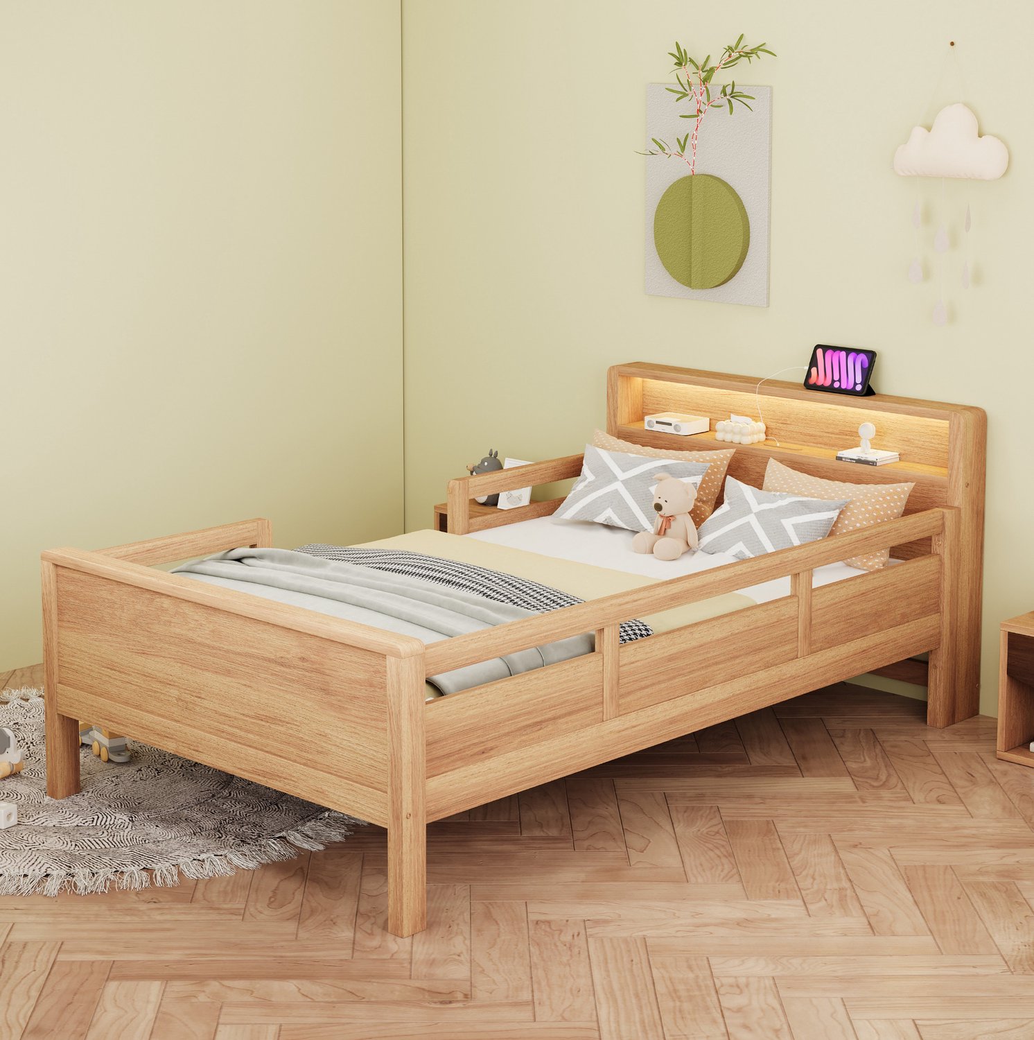 DESMIU Kinderbed 90x200 cm – Ledlamp en USB- en Type-C-Oplaadpunt – Hoofdbord met Opbergvak – Zijhekken – Zonder Matras – Houtkleur Natuurlijk hout